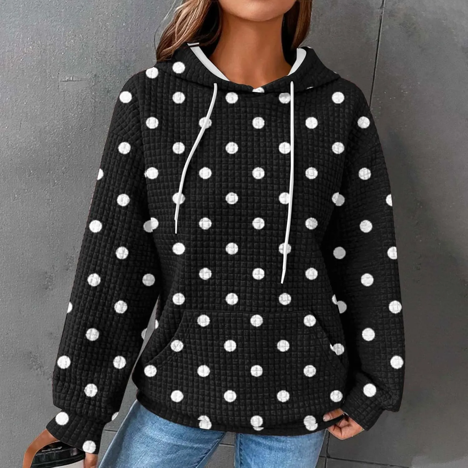 Casual Sweatshirts for Women Cute Polka Dots Drawstring Hoodies Athletic Pullover Hoody Fall Tops Cozy Preppy Clothes
