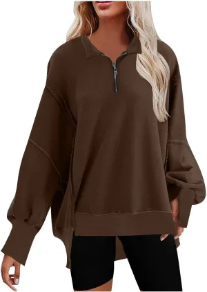 Ceboyel Oversized Sweatshirts for Women Loose Fit Zip Up Hoodie Sweatshirt Split Corded Pullover Tops Fashion Trendy Clothes
