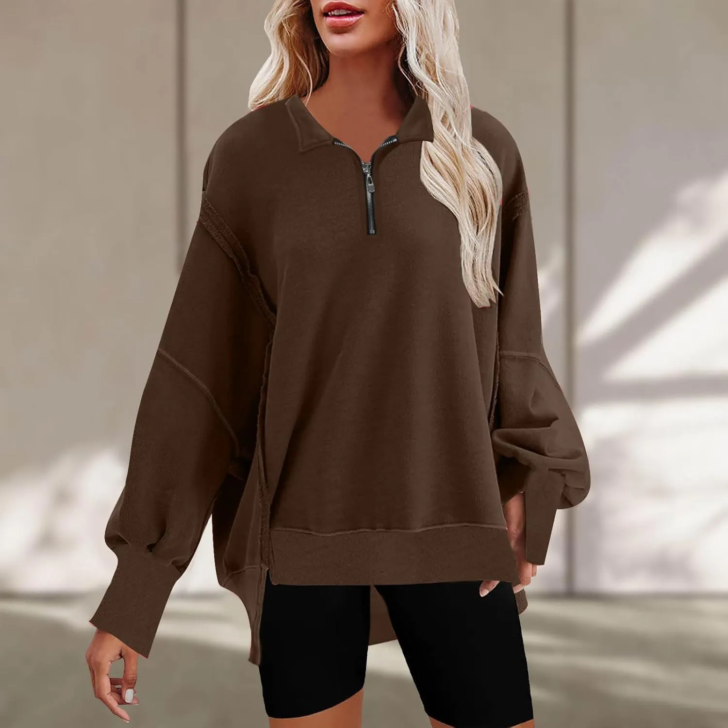 Ceboyel Oversized Sweatshirts for Women Loose Fit Zip Up Hoodie Sweatshirt Split Corded Pullover Tops Fashion Trendy Clothes