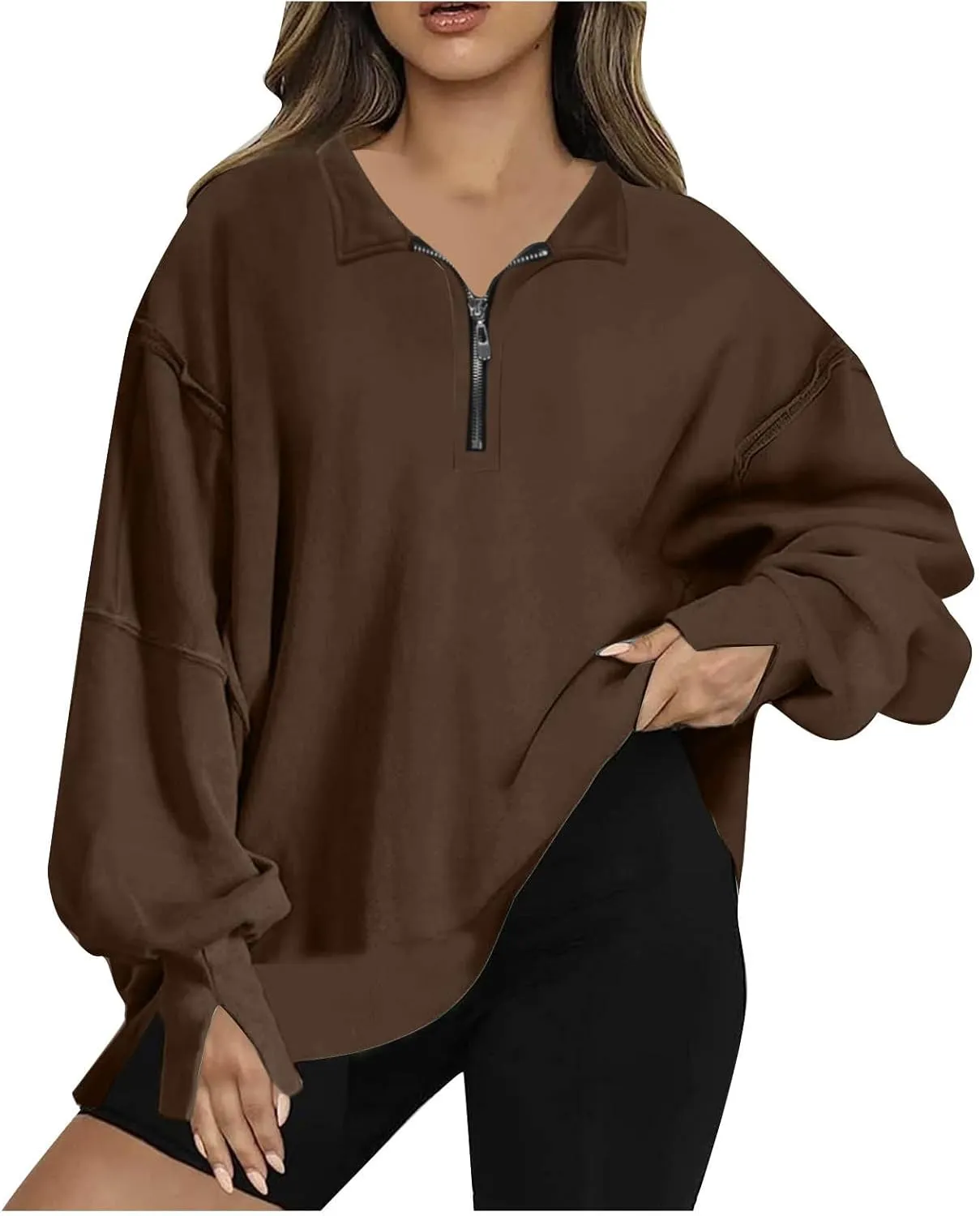 Ceboyel Oversized Sweatshirts for Women Loose Fit Zip Up Hoodie Sweatshirt Split Corded Pullover Tops Fashion Trendy Clothes