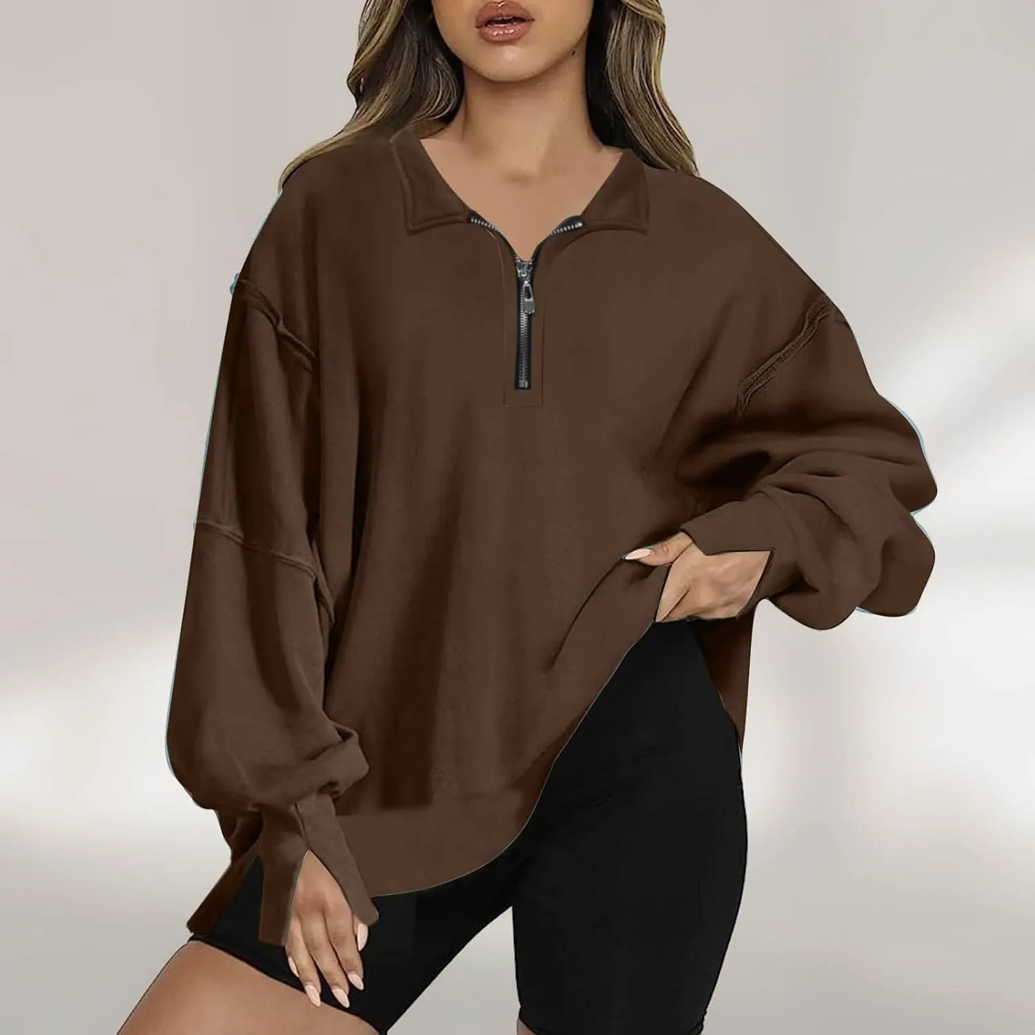 Ceboyel Oversized Sweatshirts for Women Loose Fit Zip Up Hoodie Sweatshirt Split Corded Pullover Tops Fashion Trendy Clothes