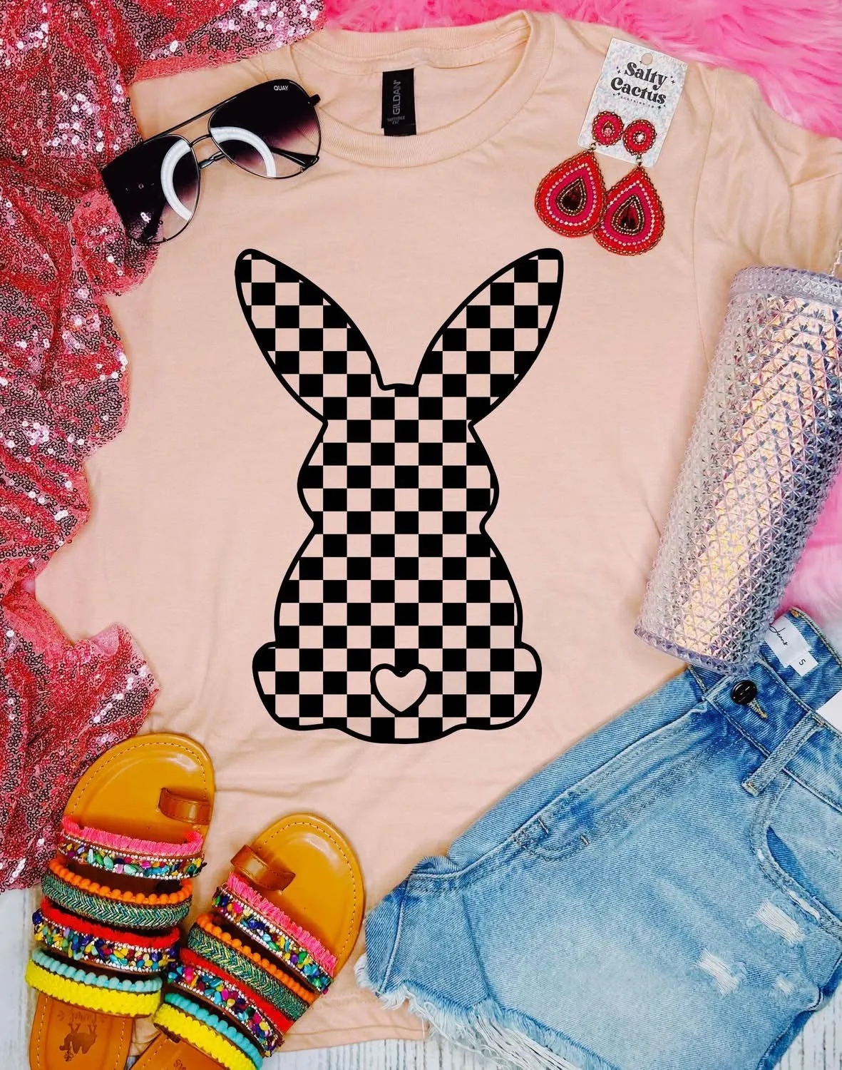 Checkered Bunny Peach Tee