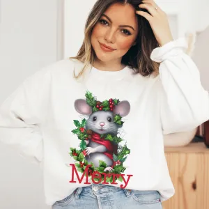 Christmas Watercolor Cute Christmas Mouse Women's Soft, Cozy Crewneck Sweatshirt Winter Design Ash, White or Navy Pullover