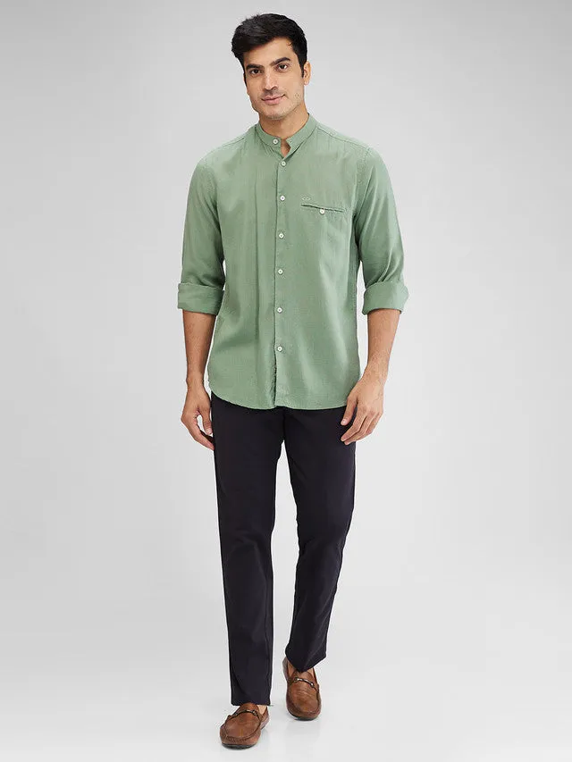 Colorplus Green Solid Tailored Fit Tencel Blend Casual Shirt