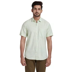 ColorPlus Men Green Solid Tailored Fit Cotton Half Sleeve Shirt