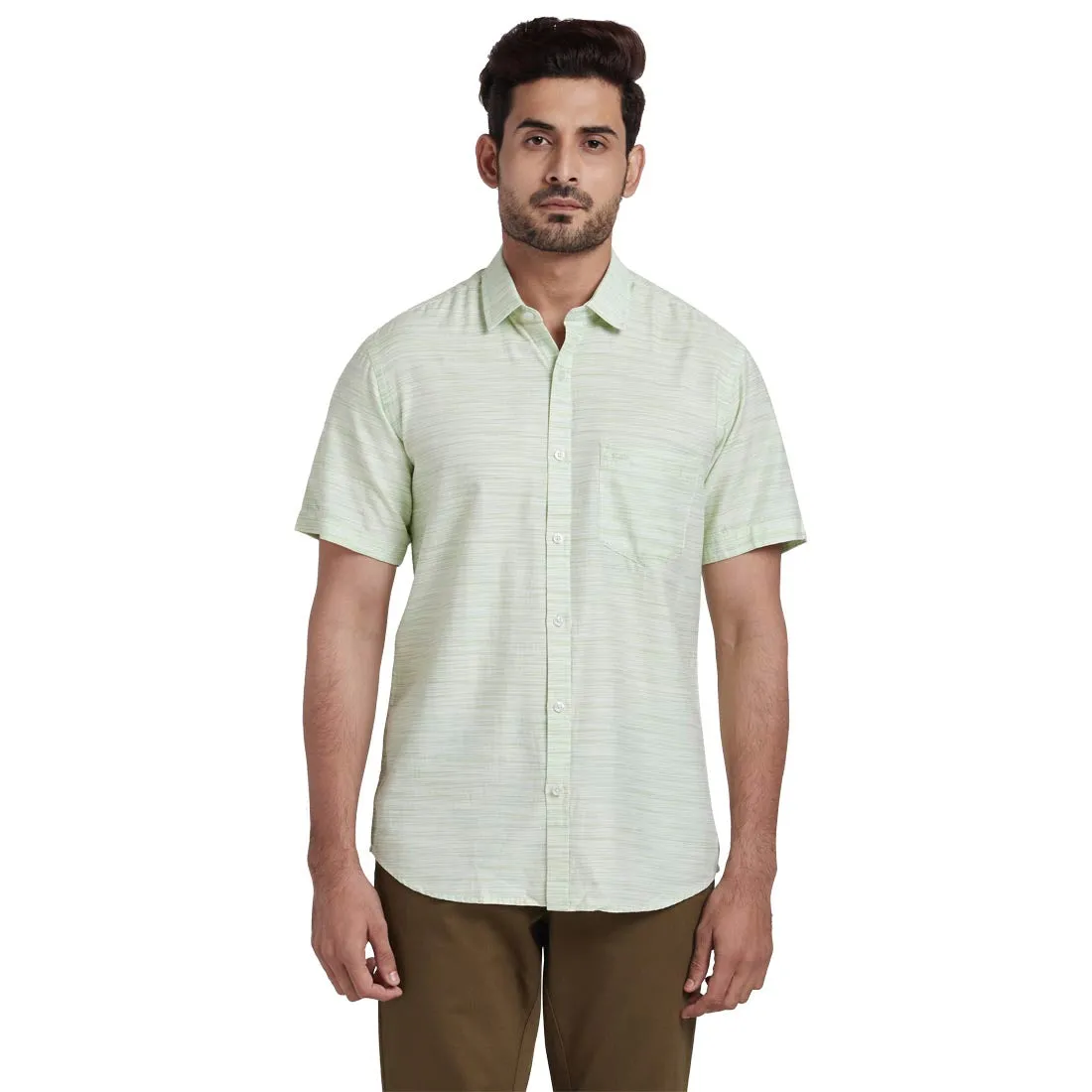ColorPlus Men Green Solid Tailored Fit Cotton Half Sleeve Shirt