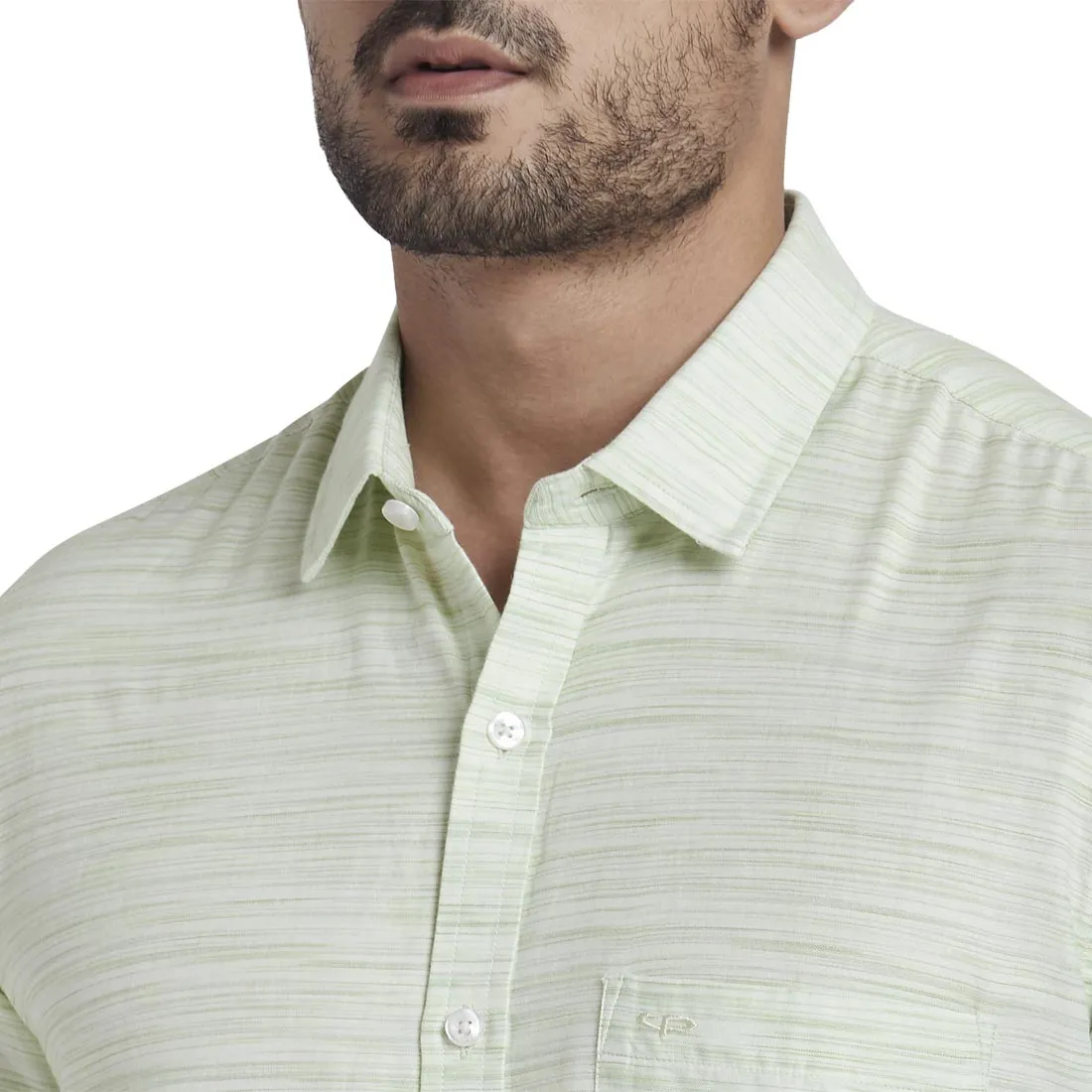 ColorPlus Men Green Solid Tailored Fit Cotton Half Sleeve Shirt