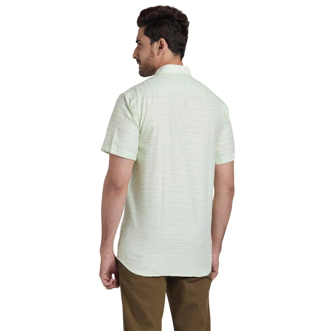 ColorPlus Men Green Solid Tailored Fit Cotton Half Sleeve Shirt