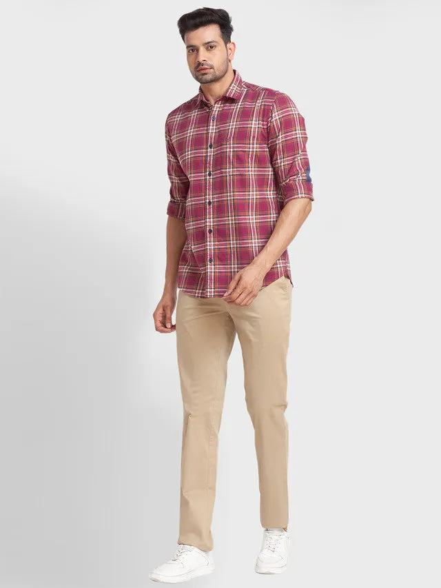 Colorplus Men Red Checkered Tailored Fit Full Sleeve Spread Collar Shirt