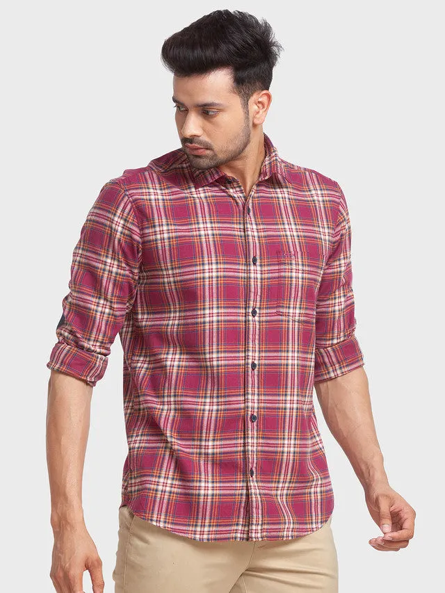 Colorplus Men Red Checkered Tailored Fit Full Sleeve Spread Collar Shirt