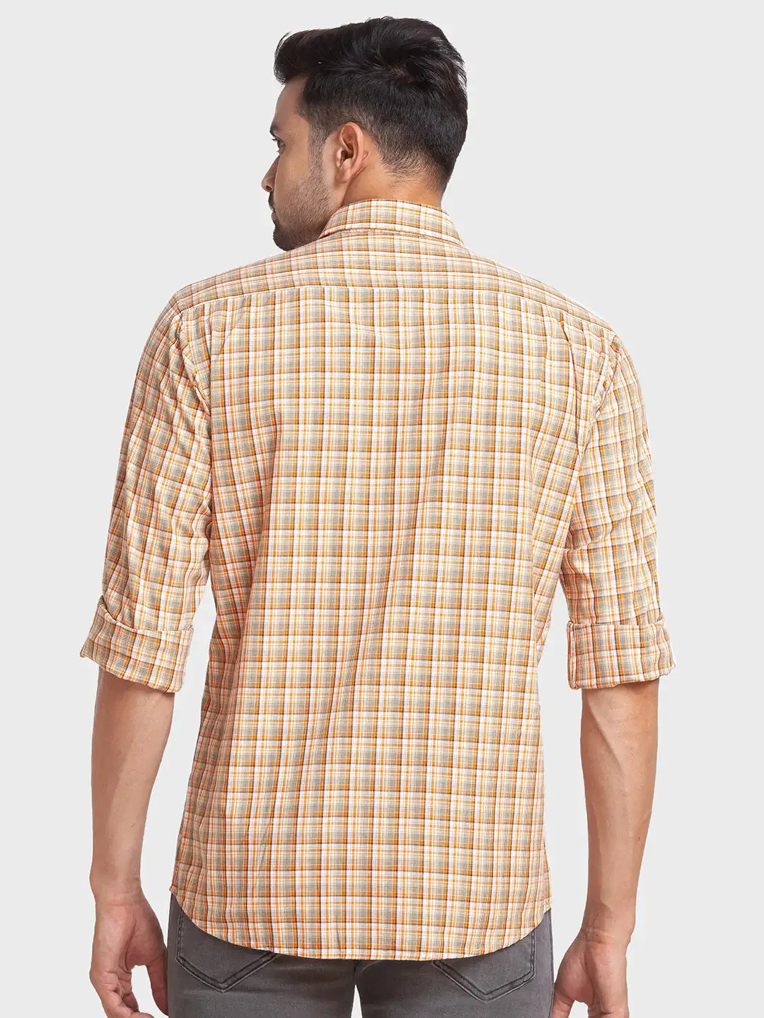 Colorplus Men Yellow Checks Tailored Fit Viscose Blend Casual Shirt