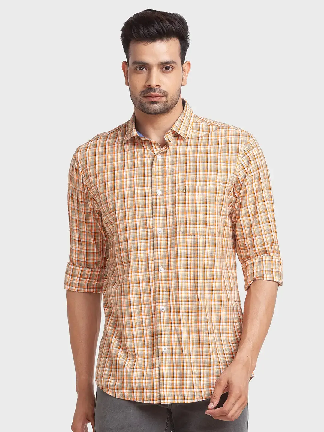Colorplus Men Yellow Checks Tailored Fit Viscose Blend Casual Shirt