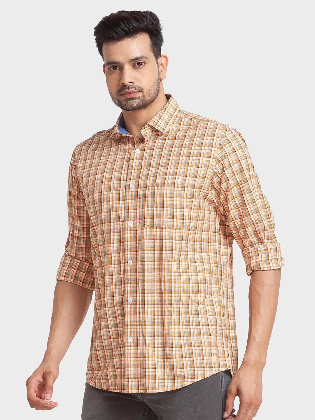 Colorplus Men Yellow Checks Tailored Fit Viscose Blend Casual Shirt
