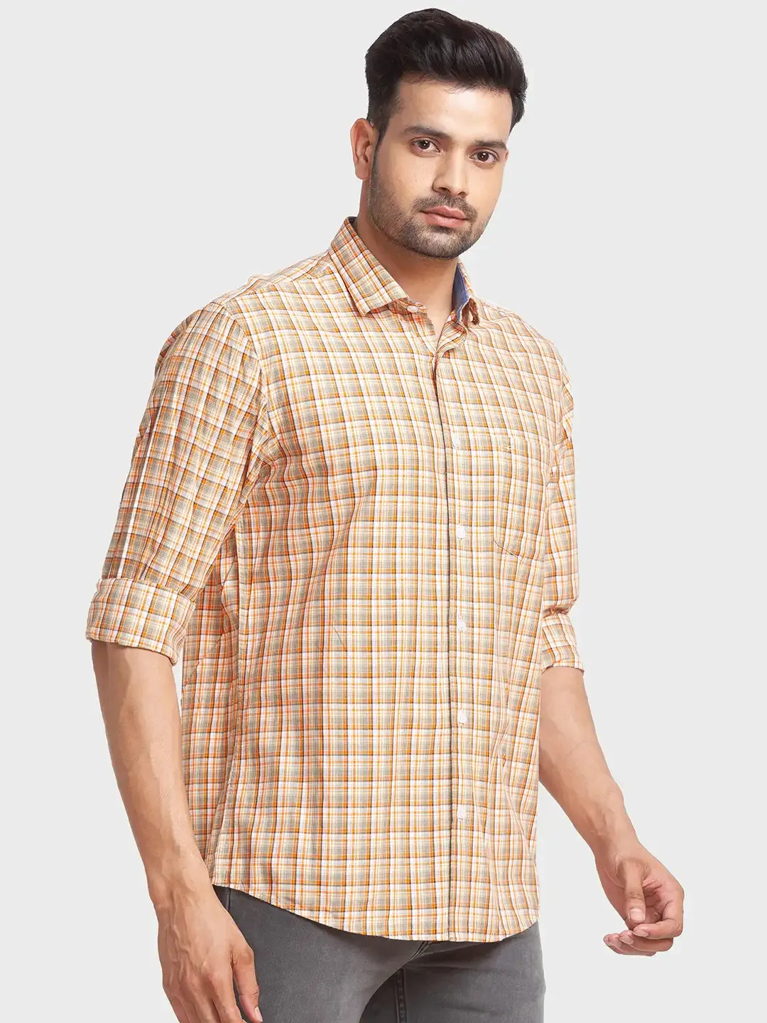 Colorplus Men Yellow Checks Tailored Fit Viscose Blend Casual Shirt