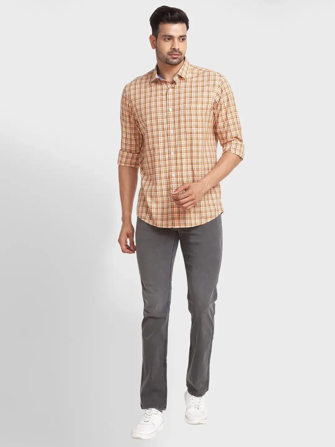 Colorplus Men Yellow Checks Tailored Fit Viscose Blend Casual Shirt