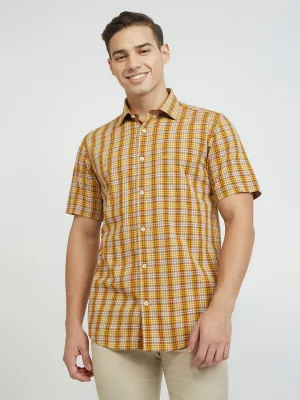 ColorPlus Men Yellow Checks Tailored Fit Viscose Blend Shirt