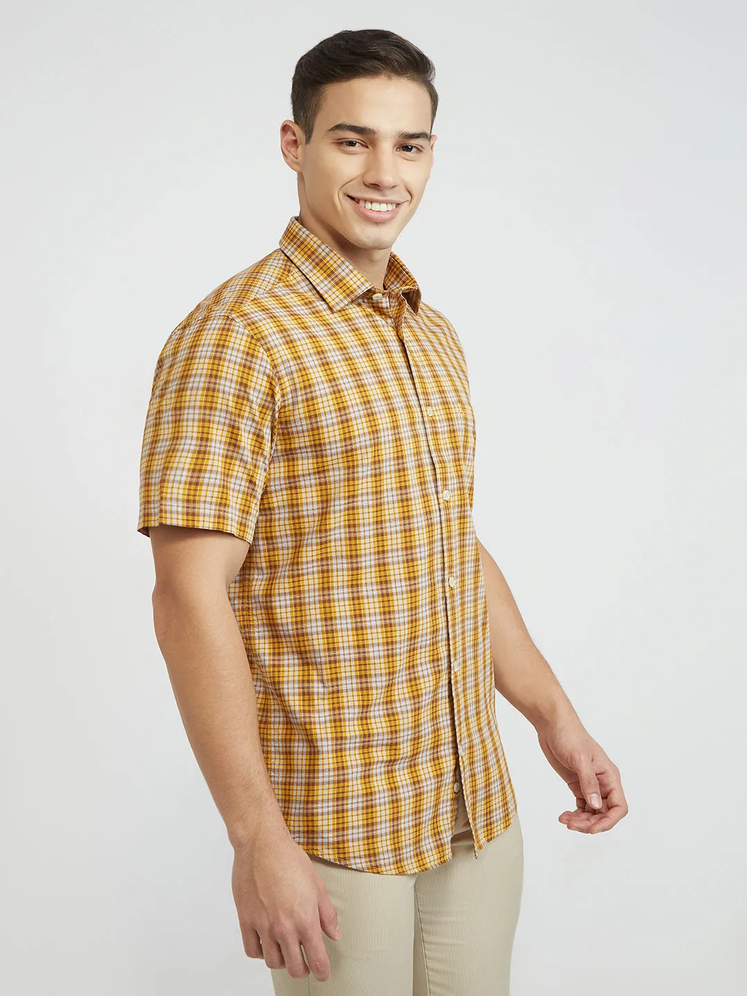 ColorPlus Men Yellow Checks Tailored Fit Viscose Blend Shirt