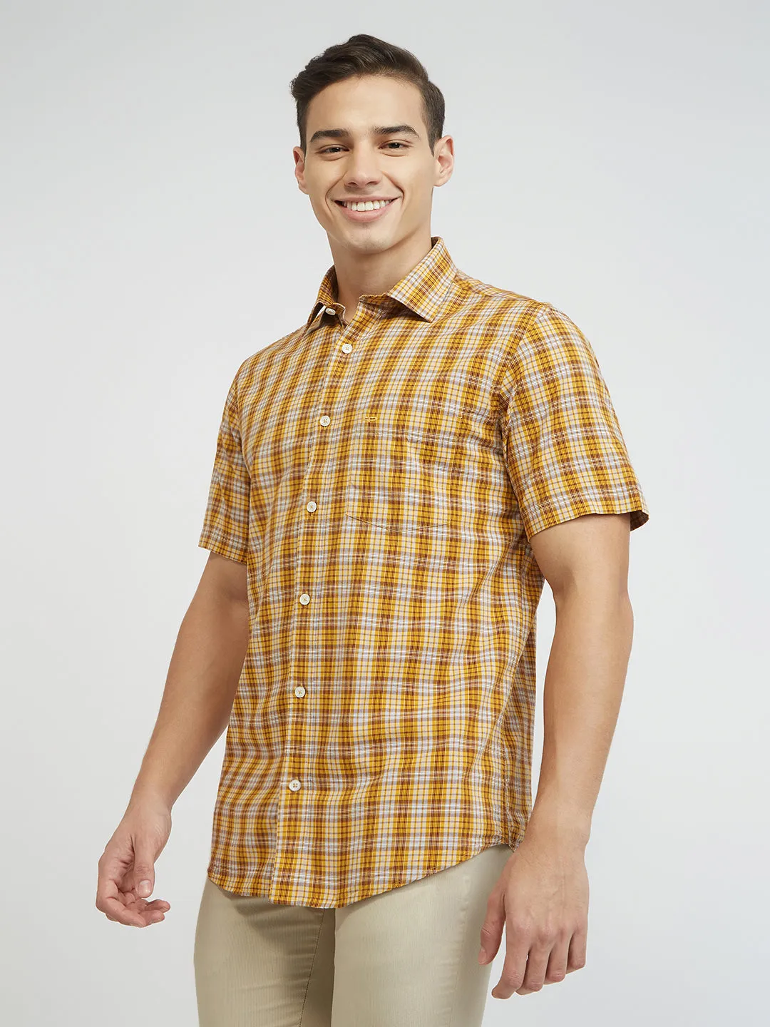 ColorPlus Men Yellow Checks Tailored Fit Viscose Blend Shirt