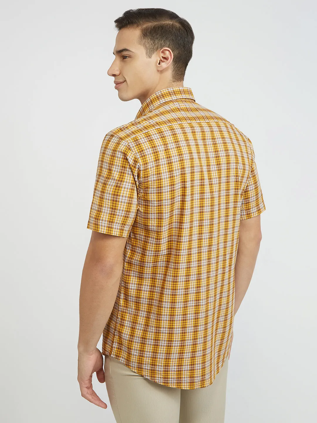 ColorPlus Men Yellow Checks Tailored Fit Viscose Blend Shirt