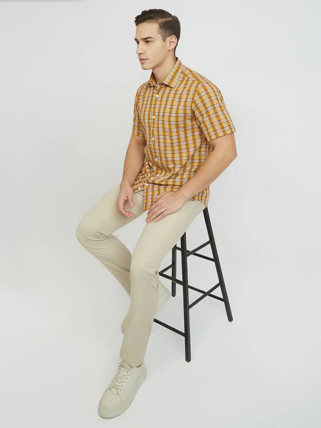 ColorPlus Men Yellow Checks Tailored Fit Viscose Blend Shirt
