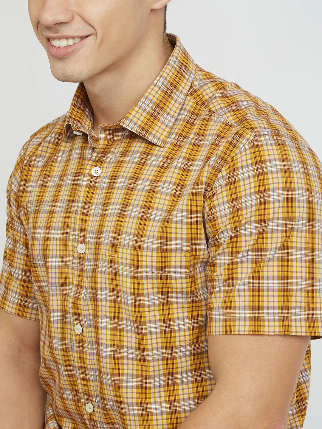 ColorPlus Men Yellow Checks Tailored Fit Viscose Blend Shirt