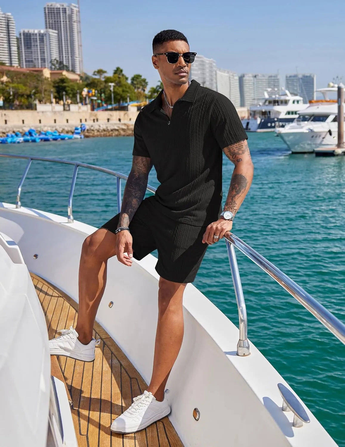 COOFANDY Men's 2 Pieces Outfits Casual Quarter Zip Polo Shirt and Shorts Set Athletic Jogging Summer Tracksuit