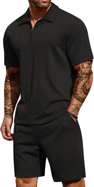 COOFANDY Men's 2 Pieces Outfits Casual Quarter Zip Polo Shirt and Shorts Set Athletic Jogging Summer Tracksuit