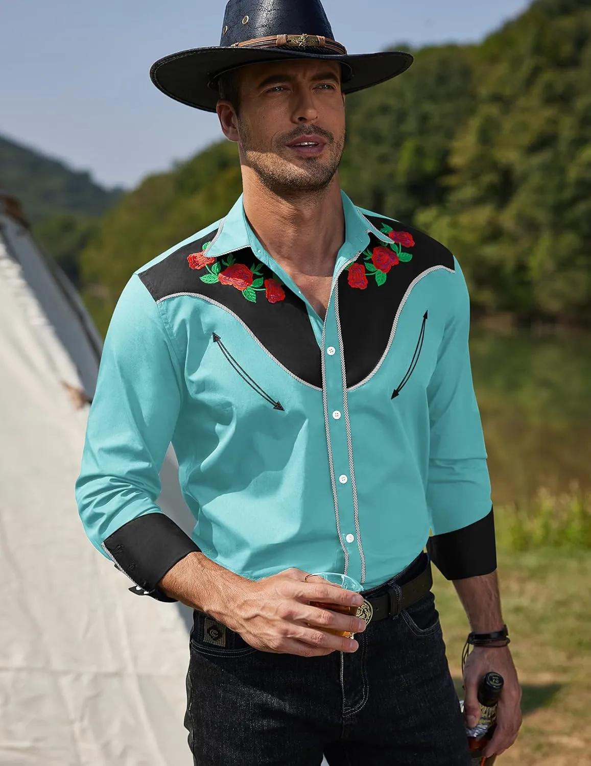 COOFANDY Men's Cowboy Shirtss Embroidered Rose Design Shirts Western Long Sleeve Button Down Shirts
