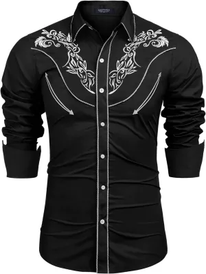 COOFANDY Men's Cowboy Shirtss Embroidered Rose Design Shirts Western Long Sleeve Button Down Shirts