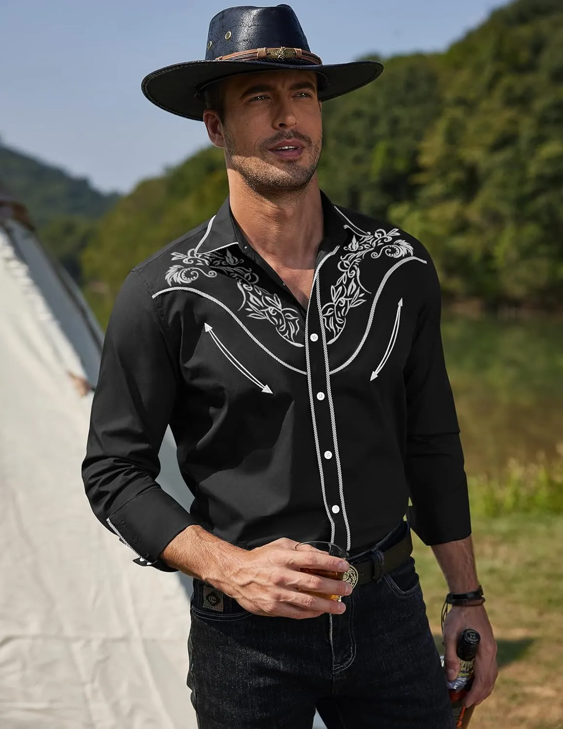 COOFANDY Men's Cowboy Shirtss Embroidered Rose Design Shirts Western Long Sleeve Button Down Shirts