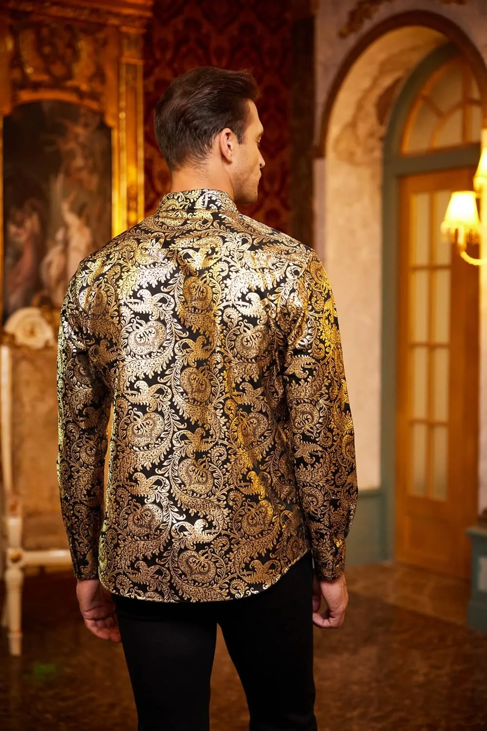 COOFANDY Men's Paisley Shirt Luxury Disco Long Sleeve Button Down Dress Shirts