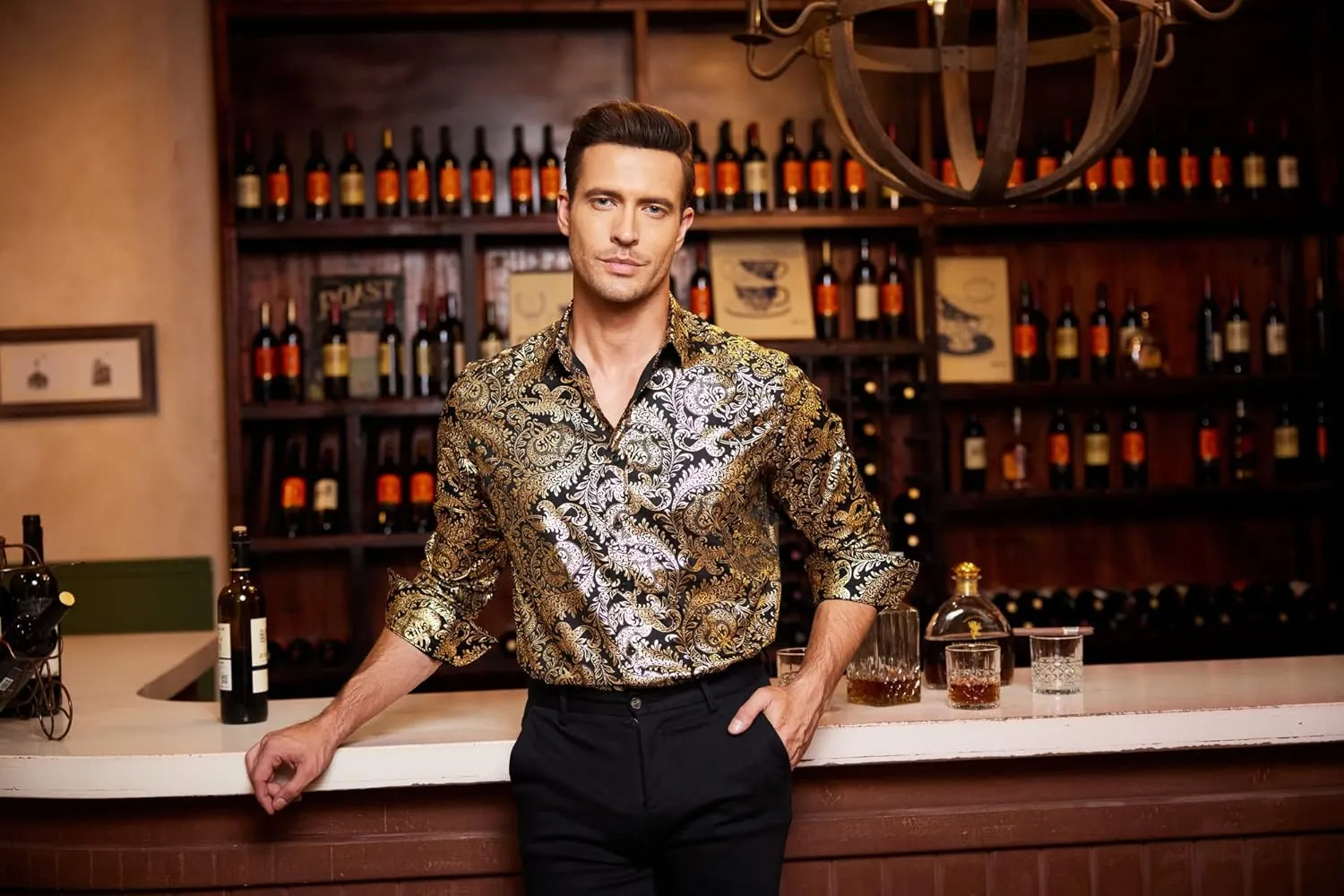 COOFANDY Men's Paisley Shirt Luxury Disco Long Sleeve Button Down Dress Shirts