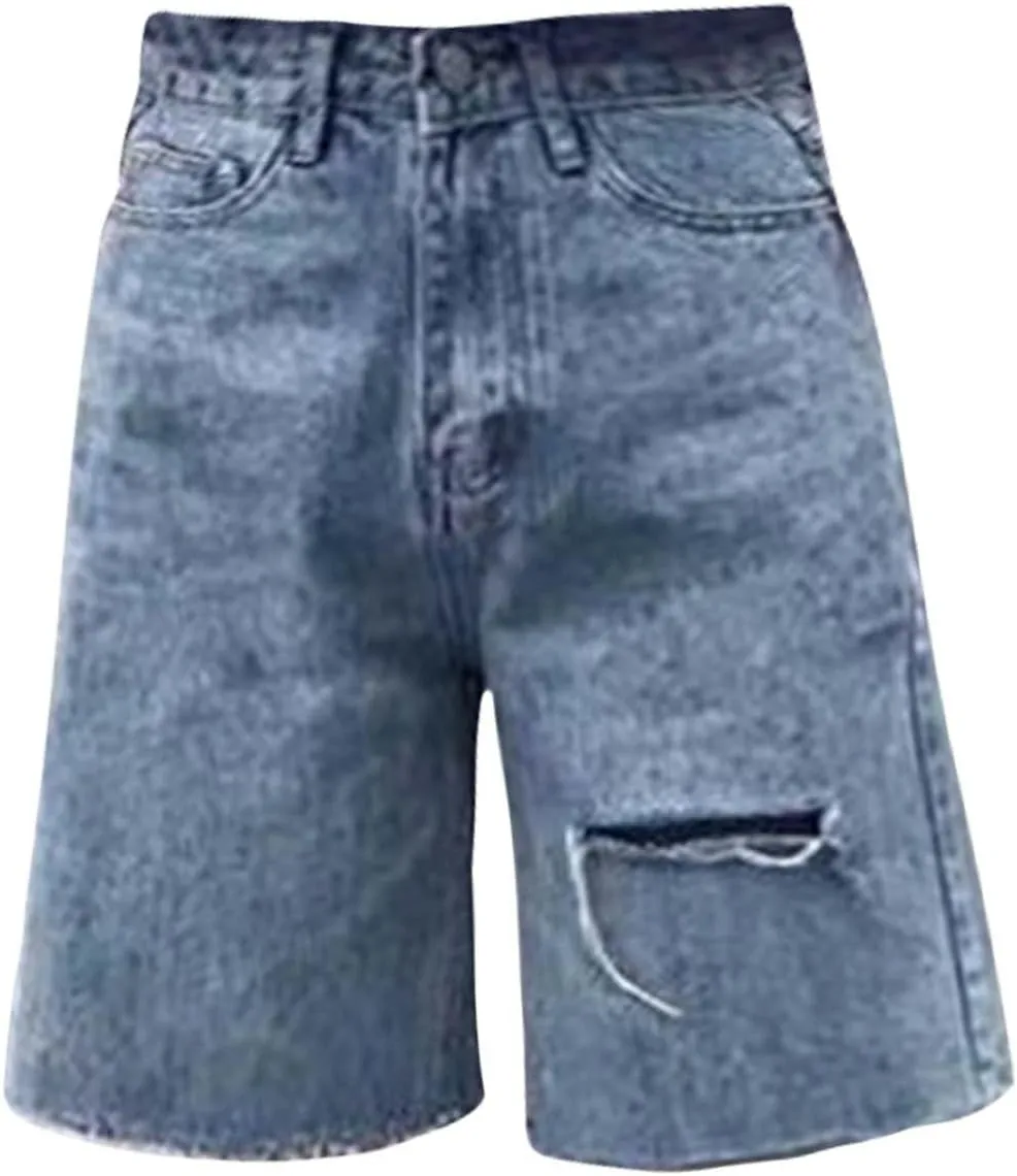 Cut Off Jeans Shorts for Women High Waisted Knee Length Denim Shorts Trendy Casual Loose Fit Straight Leg Jean Shorts