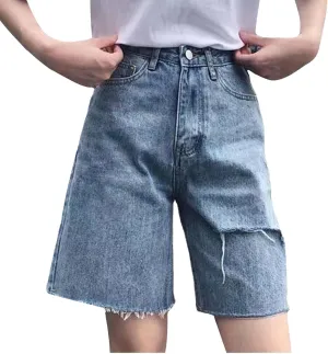 Cut Off Jeans Shorts for Women High Waisted Knee Length Denim Shorts Trendy Casual Loose Fit Straight Leg Jean Shorts