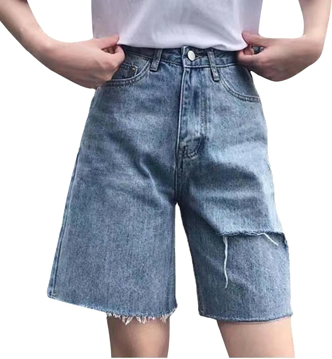 Cut Off Jeans Shorts for Women High Waisted Knee Length Denim Shorts Trendy Casual Loose Fit Straight Leg Jean Shorts