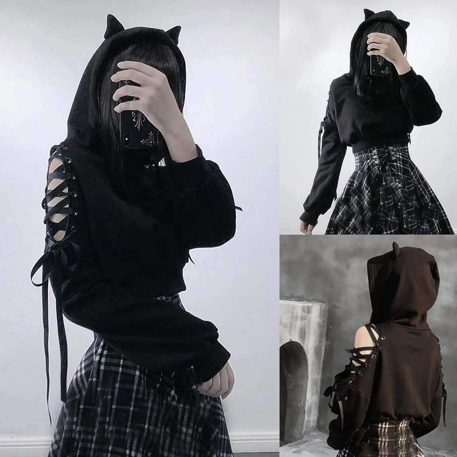 Cute Hoodies for Women Girls Gothic Style Hooded Sweatshirt Plus Size Long Sleeve Crop Tops Y2K Fall Pullover
