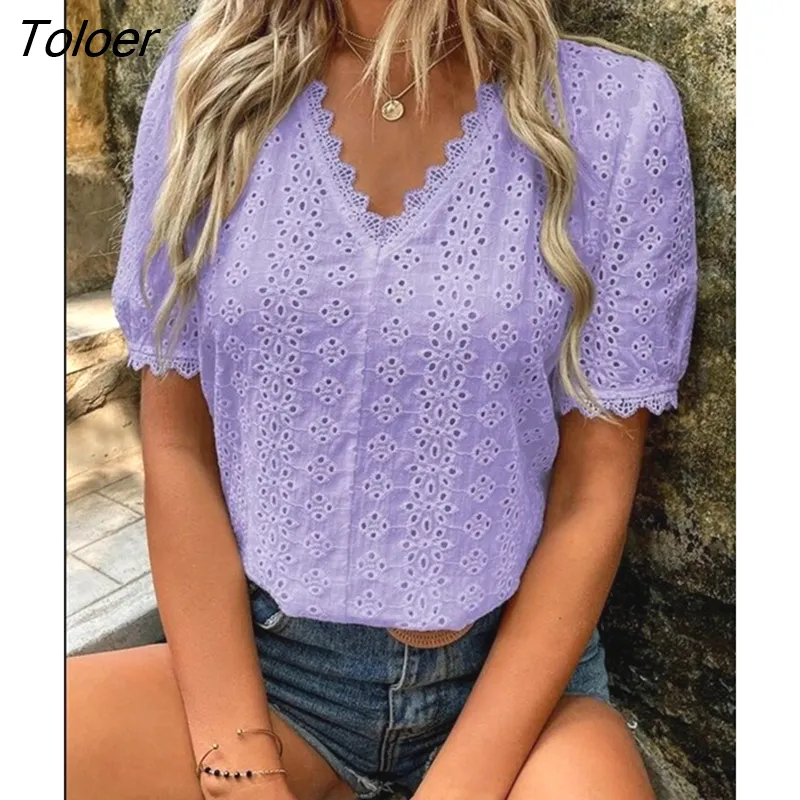 deanwangkt Lace Shirts Women Summer Puff Sleeve Tops Vintage Elegant Pullover White Blouse Women Fashion V-neck Solid Shirt 21385