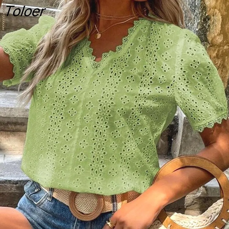 deanwangkt Lace Shirts Women Summer Puff Sleeve Tops Vintage Elegant Pullover White Blouse Women Fashion V-neck Solid Shirt 21385