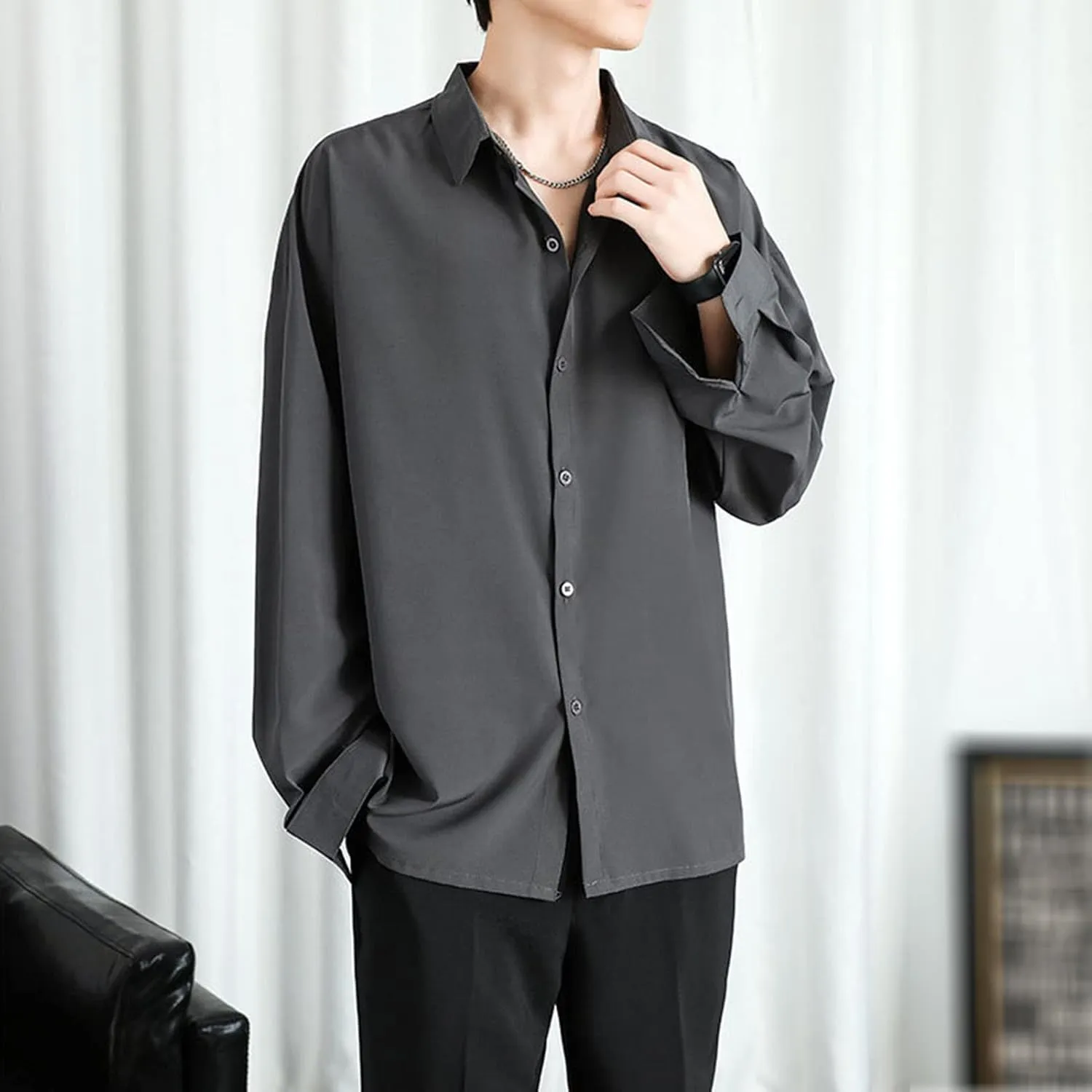DGHM-JLMY Men Lapel Loose Chiffon Drape Shirt Slim Fit Non-Iron Straight Collar Dress Shirt Collar Button Cuff Dress Shirt