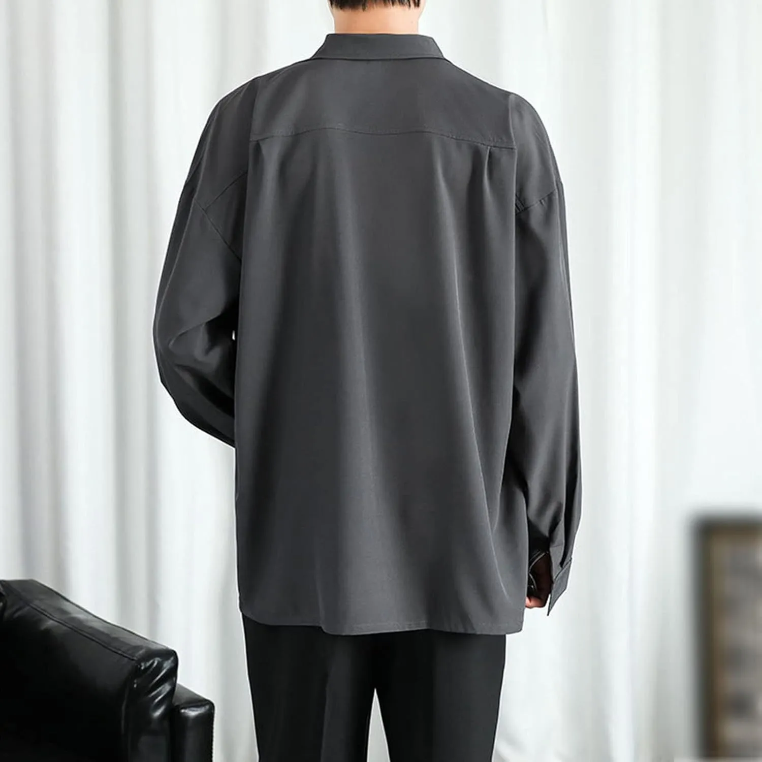DGHM-JLMY Men Lapel Loose Chiffon Drape Shirt Slim Fit Non-Iron Straight Collar Dress Shirt Collar Button Cuff Dress Shirt
