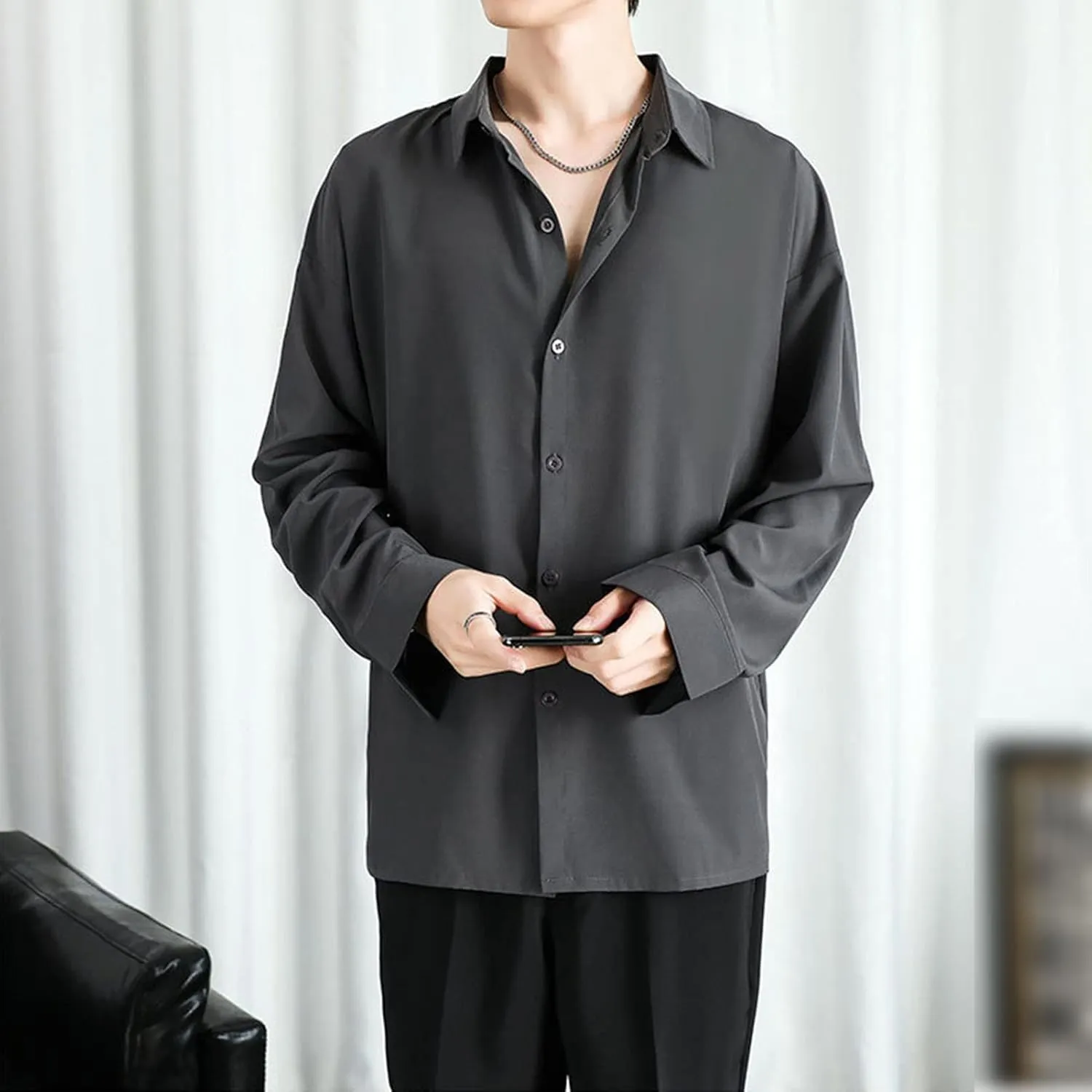 DGHM-JLMY Men Lapel Loose Chiffon Drape Shirt Slim Fit Non-Iron Straight Collar Dress Shirt Collar Button Cuff Dress Shirt