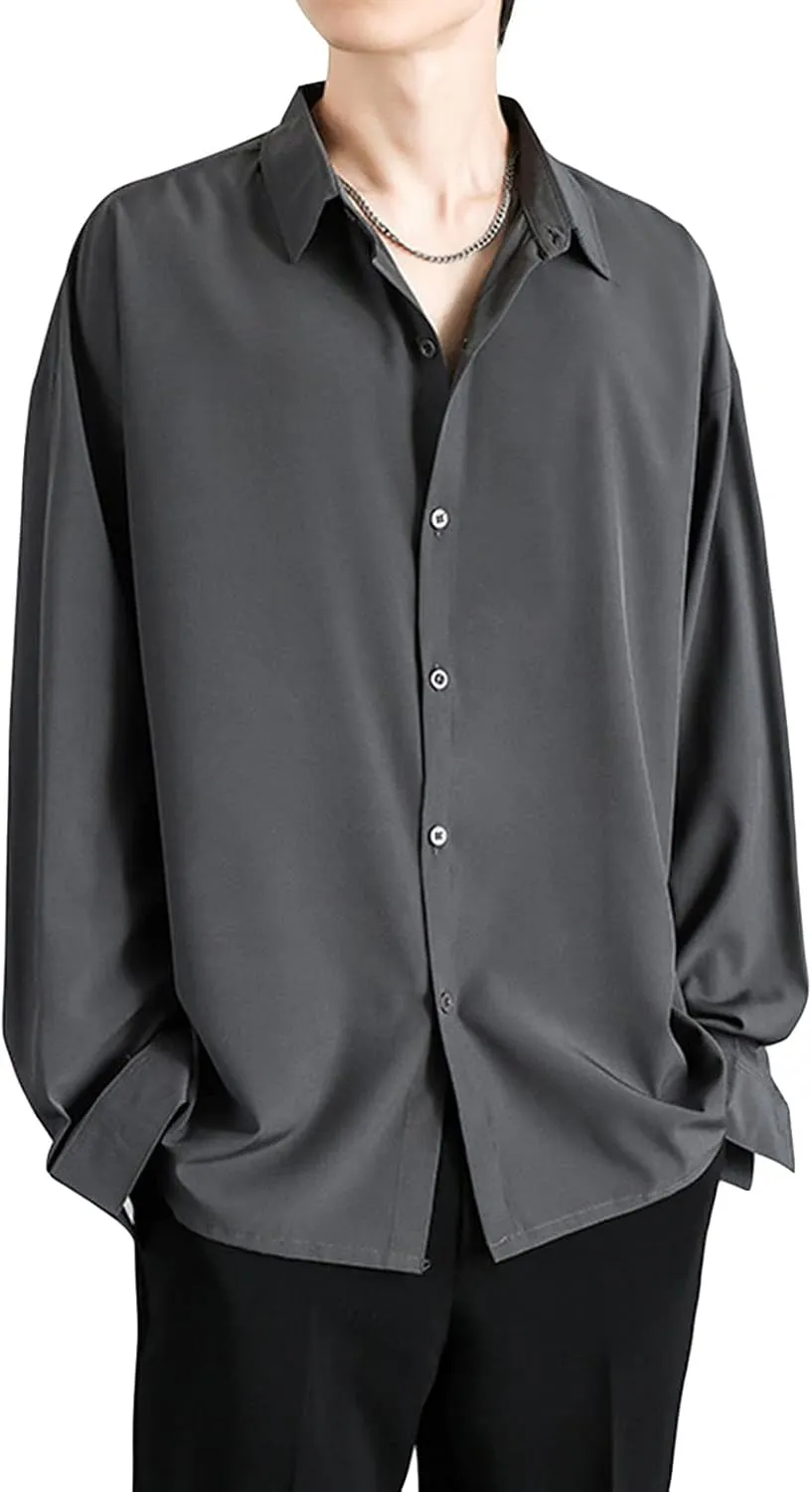 DGHM-JLMY Men Lapel Loose Chiffon Drape Shirt Slim Fit Non-Iron Straight Collar Dress Shirt Collar Button Cuff Dress Shirt