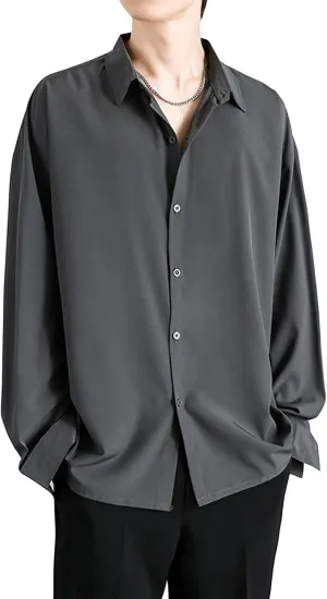 DGHM-JLMY Men Lapel Loose Chiffon Drape Shirt Slim Fit Non-Iron Straight Collar Dress Shirt Collar Button Cuff Dress Shirt