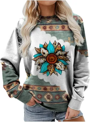 DOLKFU Women's Western Aztec Sweatshirt Long Sleeve Hoodie Pullover Vintage Tops Sweater Ethnic Graphic Fall 2022 Tees Tops