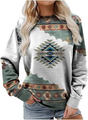 DOLKFU Women's Western Aztec Sweatshirt Long Sleeve Hoodie Pullover Vintage Tops Sweater Ethnic Graphic Fall 2022 Tees Tops