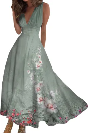 Dresses for Women 2024 Sleeveless Dresses Casual Summer Boho Dress Floral Dressy Tank Dress V Neck Beach Maxi Dress