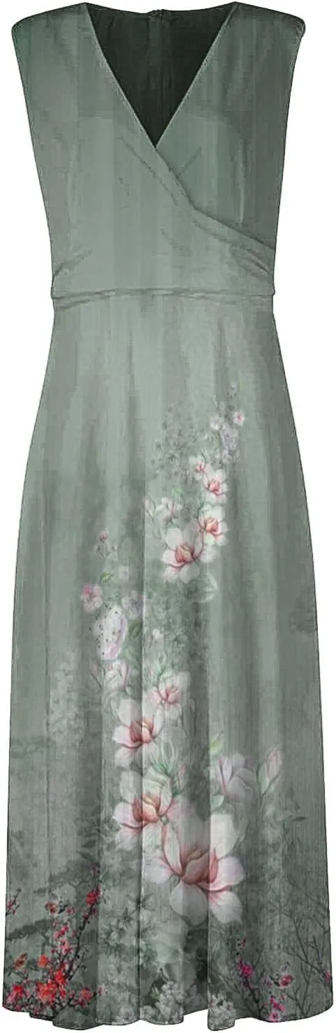 Dresses for Women 2024 Sleeveless Dresses Casual Summer Boho Dress Floral Dressy Tank Dress V Neck Beach Maxi Dress