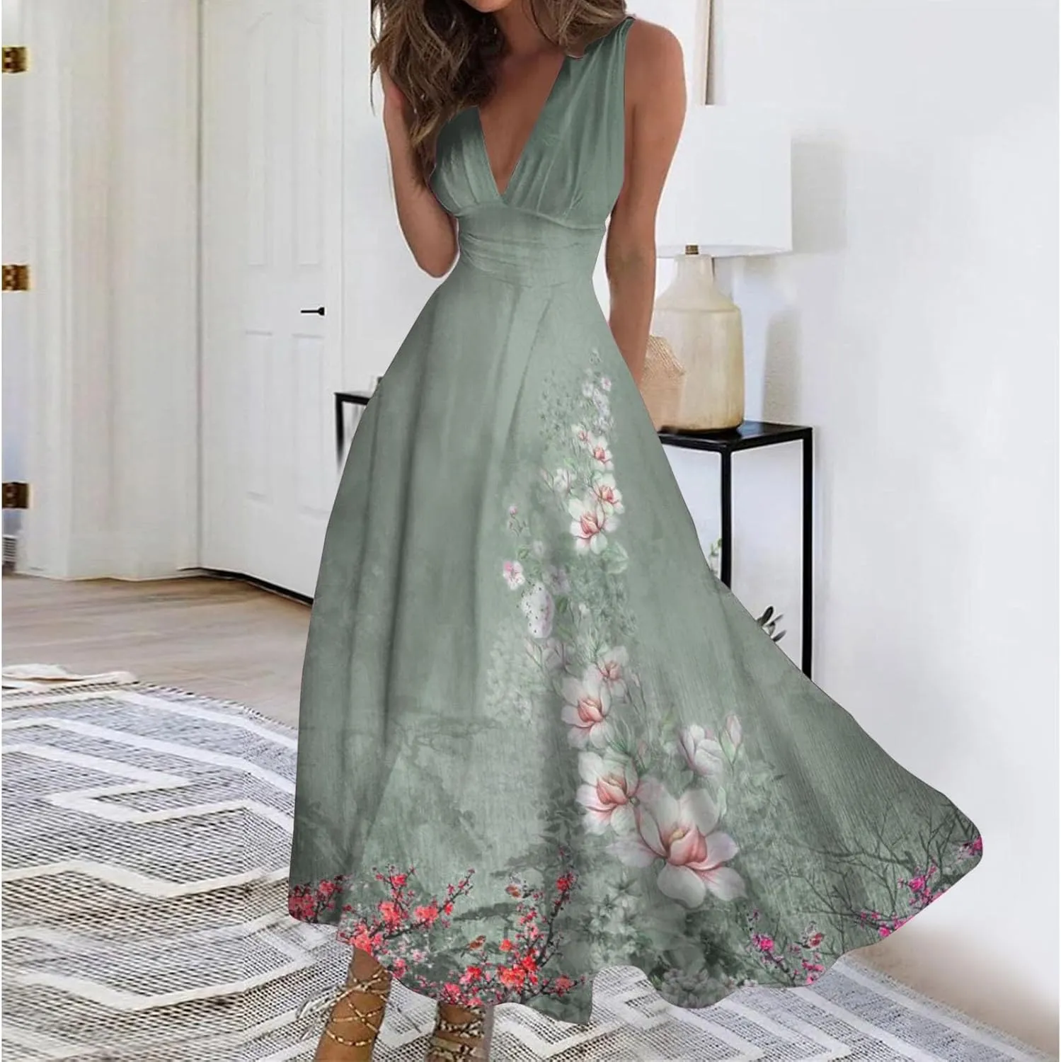 Dresses for Women 2024 Sleeveless Dresses Casual Summer Boho Dress Floral Dressy Tank Dress V Neck Beach Maxi Dress
