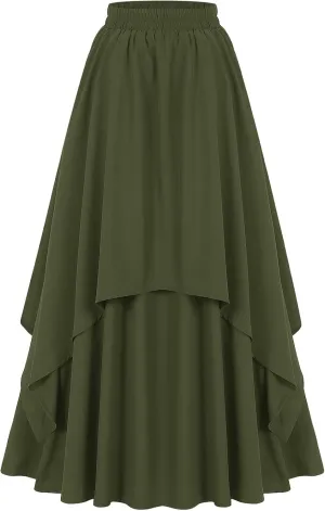ebossy Women's Elegant Layered Long Skirt Retro High Waist Pleated Flowy A-line Asymmetric Renaissance Skirts