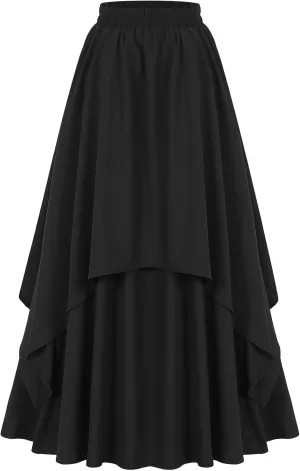 ebossy Women's Elegant Layered Long Skirt Retro High Waist Pleated Flowy A-line Asymmetric Renaissance Skirts
